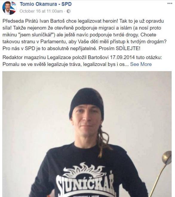Takto Okamura zaútočil na lídra Pirátů Bartoše, který reálně o žádnou legalizaci heroinu neusiluje.