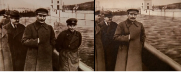 Nepohodný sovětský komunista Nikojal Ježov, vyretušovaný z fotky s diktátorem Stalinem
