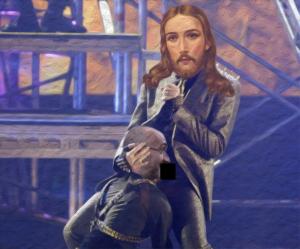 Jiří X. Doležal orálně uspokojuje představitele křesťanské menšiny. Velmi vtipné, že?
