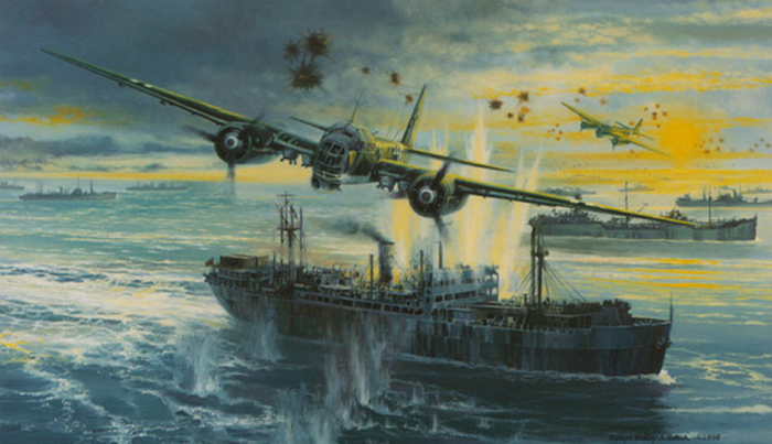Umělecké ztvárnění útoků německé Luftwaffe na Arktický konvoj.