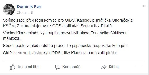 Facebookový status Dominika Feriho k volbě šéfa komise pro kontrolu GIBS.